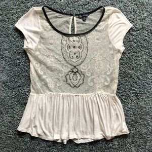 American Eagle cream mesh embroidered peplum top